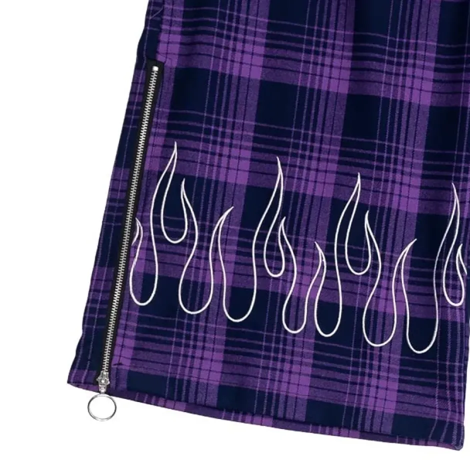 LISTEN FLAVOR Purple Plaid Fire Embroidered Zip Slit Wide Pants Best