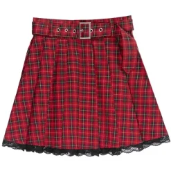 Bottoms>LISTEN FLAVOR Red Plaid Pleated Mini Skirt w/ Belt