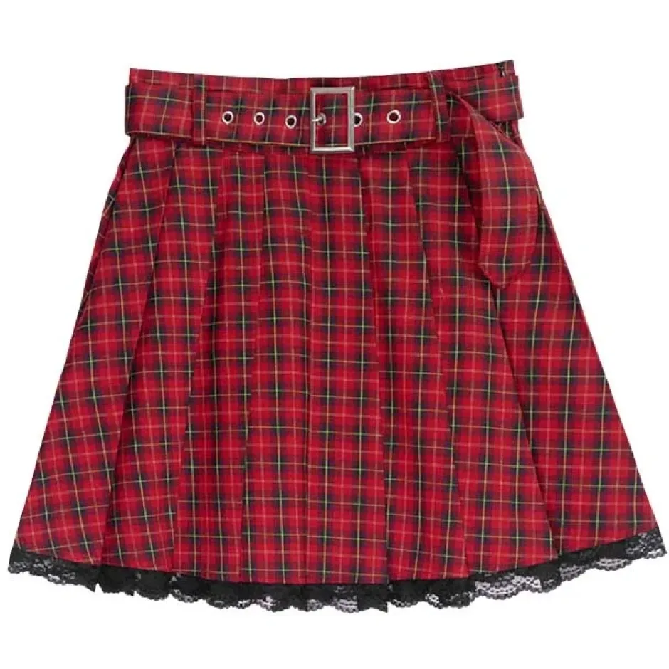 Bottoms>LISTEN FLAVOR Red Plaid Pleated Mini Skirt w/ Belt