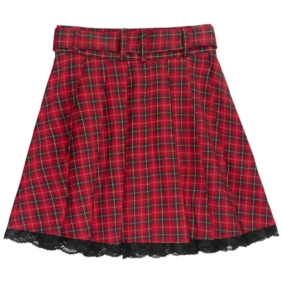 Bottoms>LISTEN FLAVOR Red Plaid Pleated Mini Skirt w/ Belt