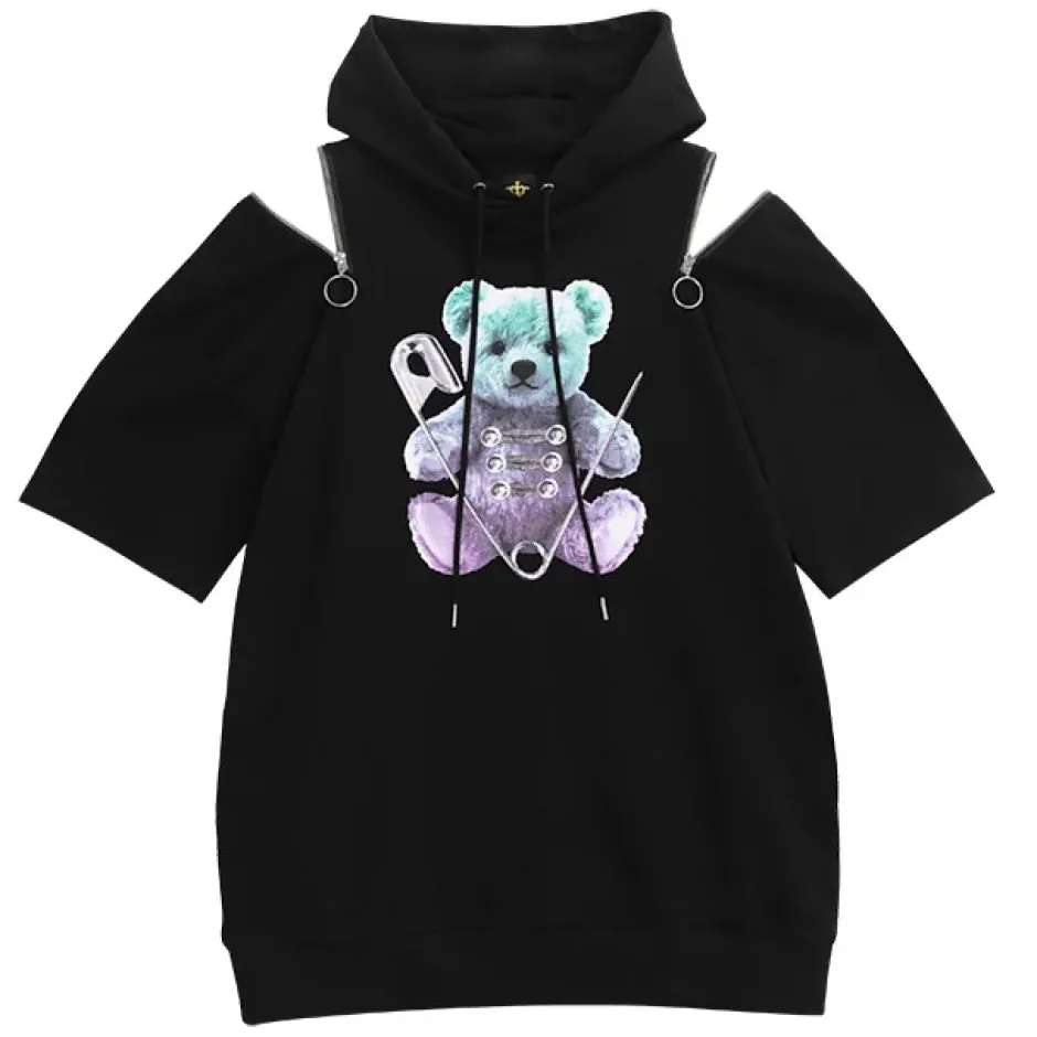 Jackets & Hoodies>LISTEN FLAVOR Safety Pin Bear Shoulder Zip Short Sleeve Hoodie