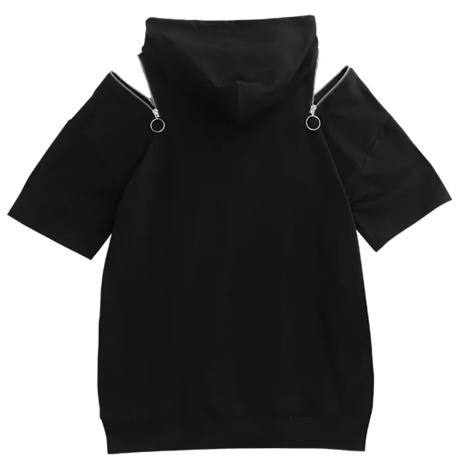 Jackets & Hoodies>LISTEN FLAVOR Safety Pin Bear Shoulder Zip Short Sleeve Hoodie