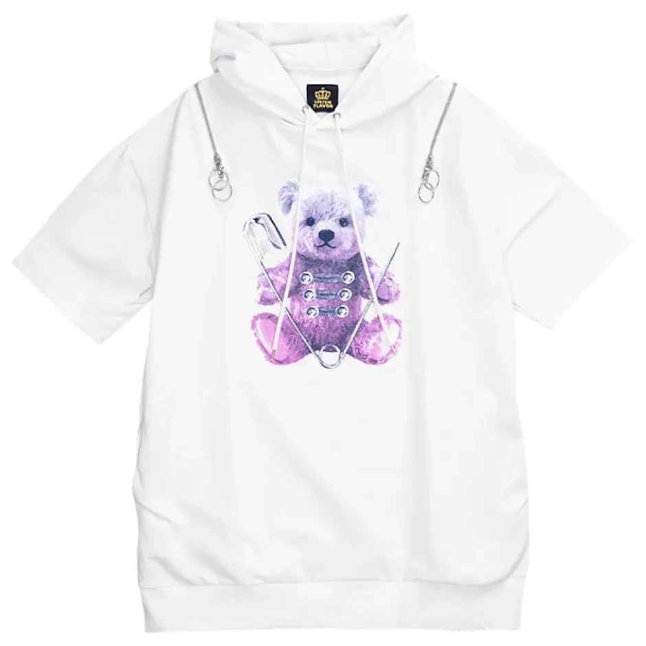 Jackets & Hoodies>LISTEN FLAVOR Safety Pin Bear Shoulder Zip Short Sleeve Hoodie
