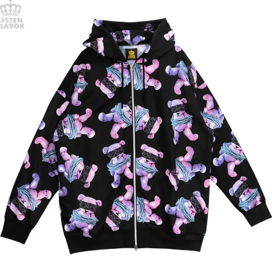 LISTEN FLAVOR Seized Bear Zip-Up Hoodie Online