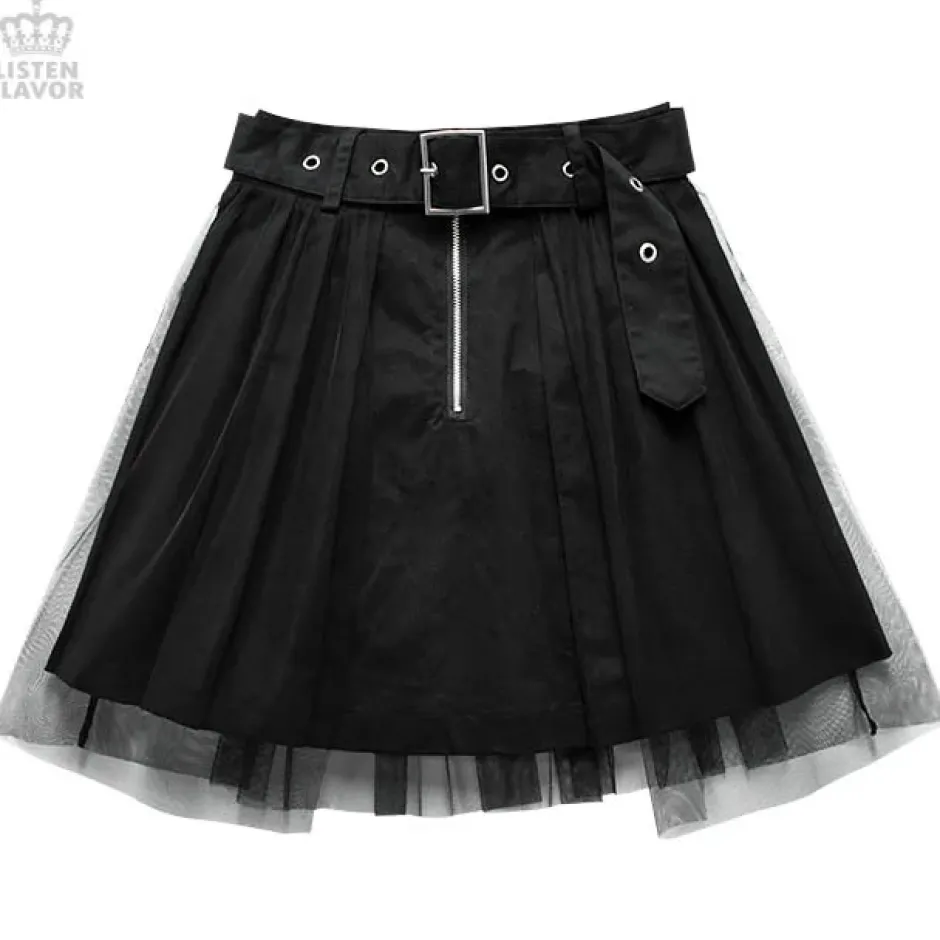 LISTEN FLAVOR Tulle Pleated Mini Skirt w/ Belt Hot