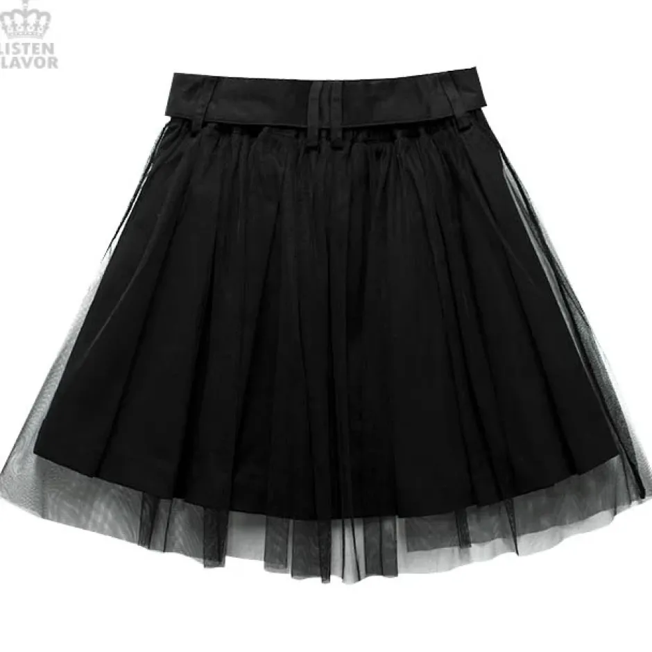 LISTEN FLAVOR Tulle Pleated Mini Skirt w/ Belt Hot