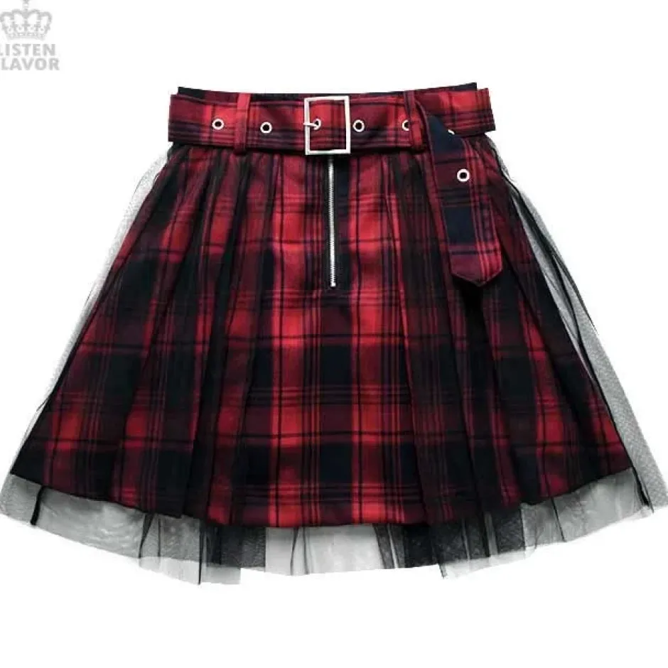 LISTEN FLAVOR Tulle Pleated Mini Skirt w/ Belt Hot