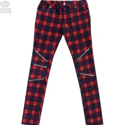 Bottoms>LISTEN FLAVOR Zip Detail Red Check Skinny Pants