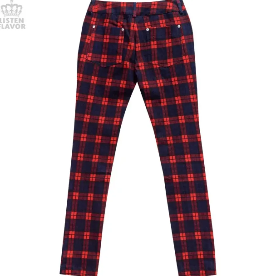 Bottoms>LISTEN FLAVOR Zip Detail Red Check Skinny Pants