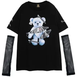 Tops>LISTEN FLAVOR Zipper Bear Mesh Top w/ Arm Covers