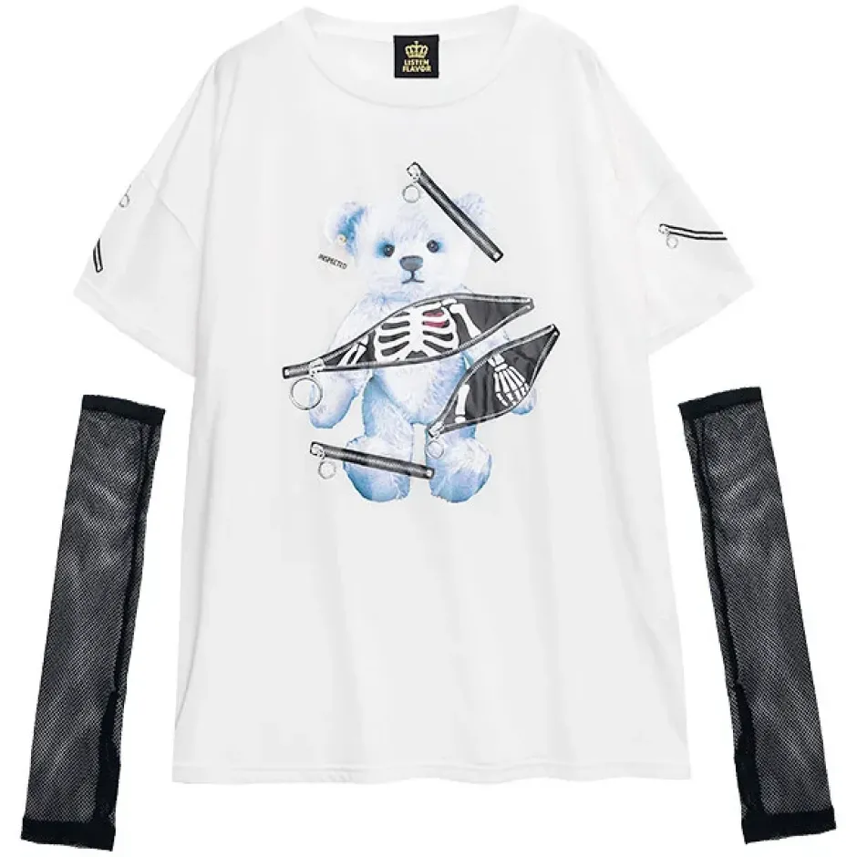 Tops>LISTEN FLAVOR Zipper Bear Mesh Top w/ Arm Covers