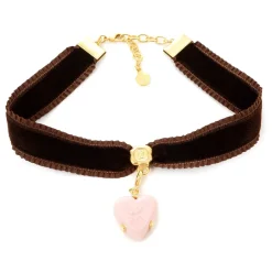 Jewelry & Hair Accessories>Q-pot. Velvet Ribbon Choker w/ Puchi Arrow Heart Milky Strawberry Charm