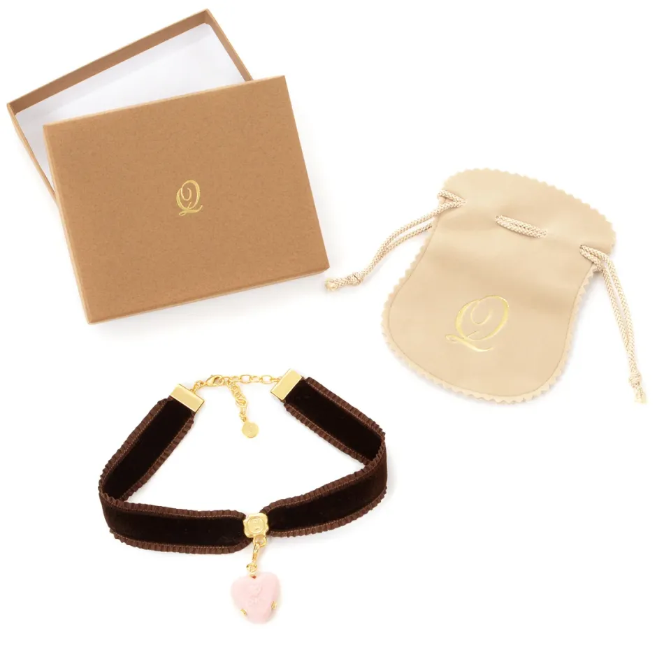 Jewelry & Hair Accessories>Q-pot. Velvet Ribbon Choker w/ Puchi Arrow Heart Milky Strawberry Charm