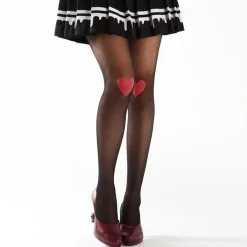 Footwear>Takeuchi 18 Denier Black Sheer Tights - Knee Heart Motif (Red)